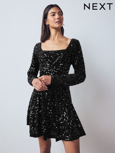 Black Square Neck Flippy Mini Sequin Dress (H40877) | £38