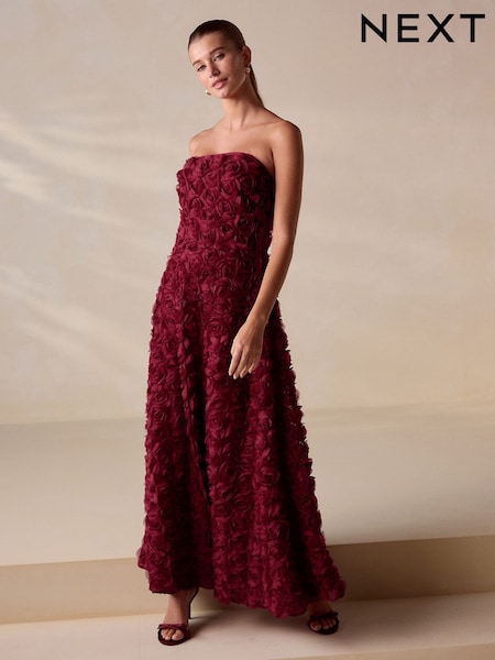 Burgundy Red Occasion 3D Floral Bandeau Maxi Dress with Detachable Straps (H40880) | £98