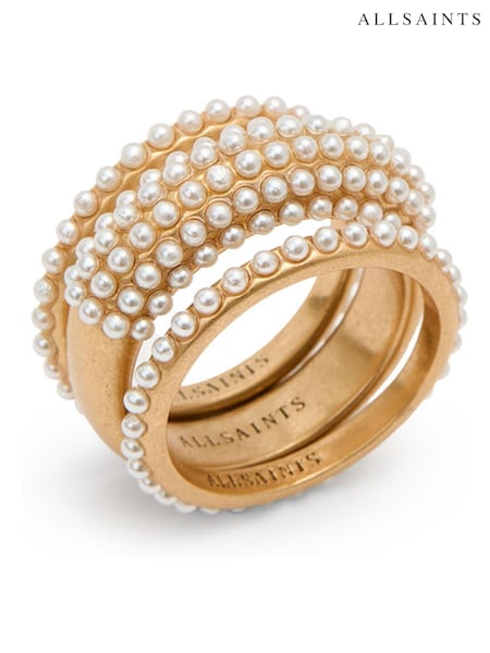 AllSaints Gold Pearl Trio Ring Set (H41098) | £49