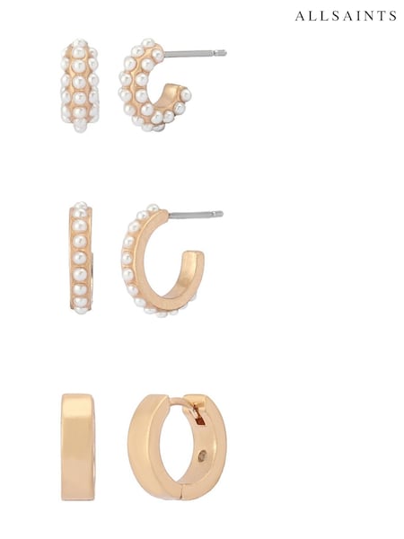 AllSaints Gold Tone Pearl Trio Huggie Earring Set (H41103) | £59