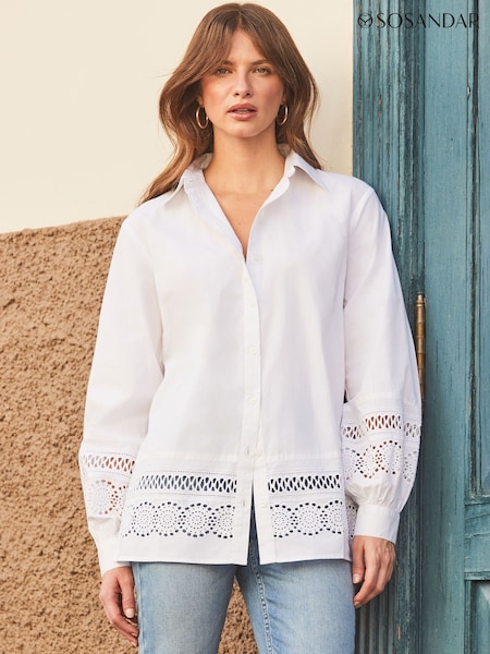 Sosandar White Broderie Detail Balloon Sleeve 100% Cotton Shirt (H41163) | £55