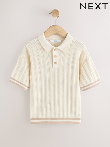 Ecru Button Neck Knitted Polo Shirt (3-16yrs) (H41174) | £14 - £19
