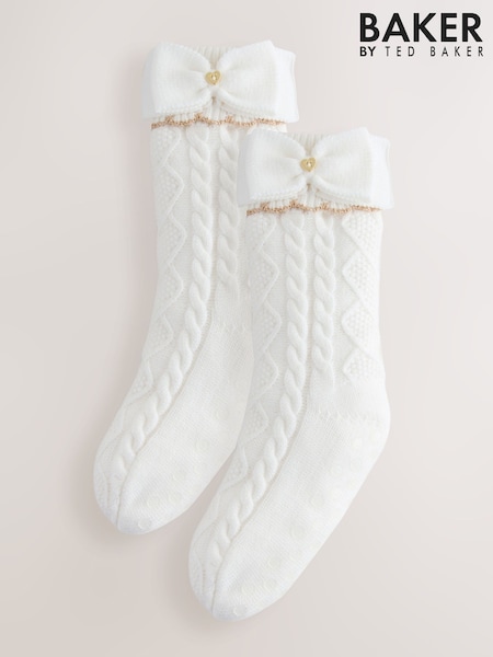 Baker by Ted Baker Pink Girls Cable Knitted Cosy Slipper Socks with Bow (H41182) | £16