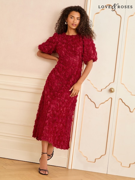 Love & Roses Red Rose Textured Puff Sleeve Crew Neck Midi Dress (H41185) | £129