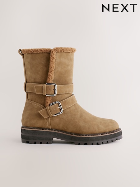 Tan Brown Standard/Wide Fit Forever Comfort® Double Buckle Faux Fur Lined Ankle Boots (H41299) | £59