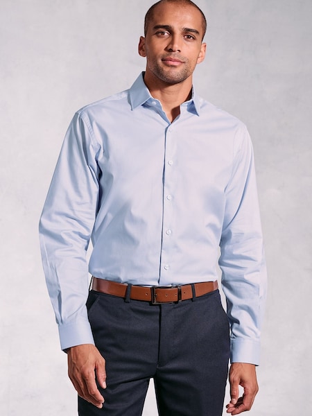 Brook Taverner Blue Herringbone Stretch Cotton Long Sleeve Shirt (H41343) | £50