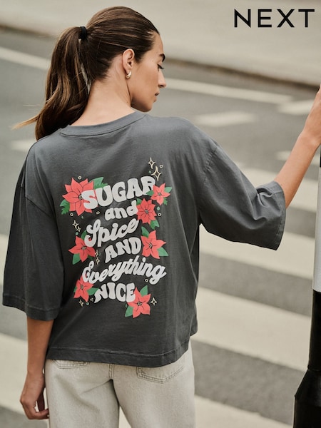 Grey Christmas Sugar and Spice Graphic Slogan Short Sleeve T-Shirt (H41376) | £12