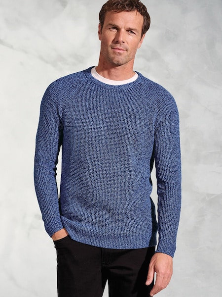 Brook Taverner Blue Melange Waffle Stitch Crew Neck 100% Cotton Jumper (H41411) | £60