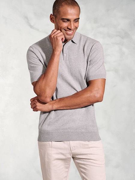 Brook Taverner Grey Knitted Pure 100% Cotton Polo Shirt (H41418) | £50