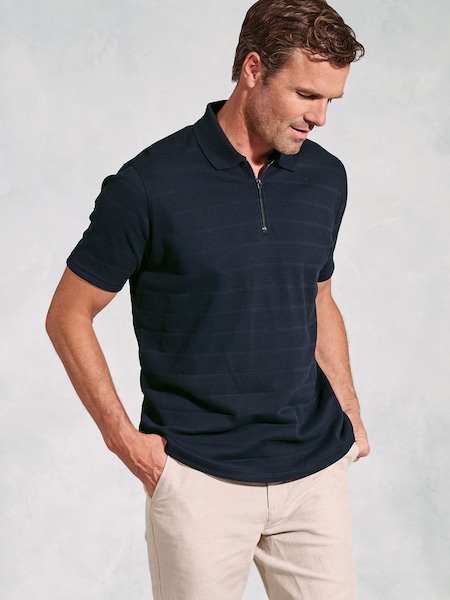 Brook Taverner Blue Popcorn Texture Stripe Zip Neck 100% Cotton Polo Shirt (H41432) | £50