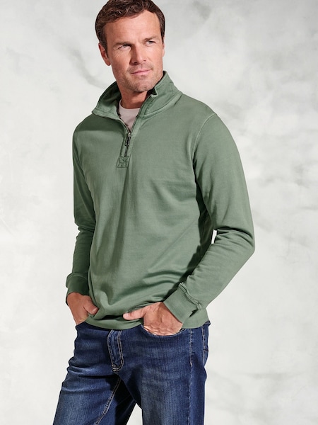Brook Taverner Green Garment Dye 1/4 Zip 100% Cotton Sweatshirt (H41572) | £60