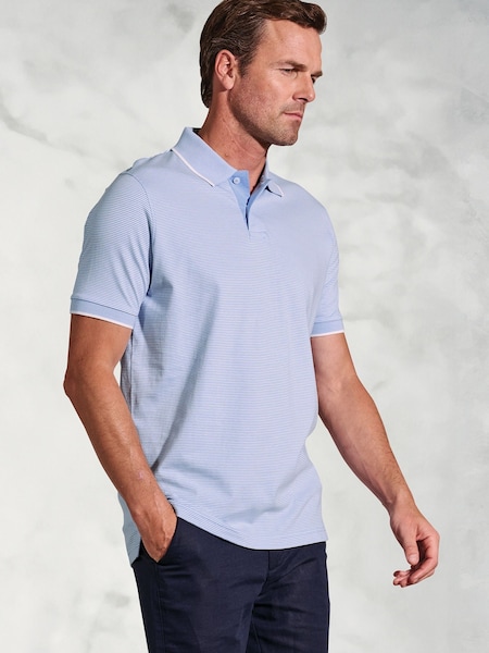 Brook Taverner Blue Fine Striped Jersey 100% Cotton Polo Shirt (H41587) | £50