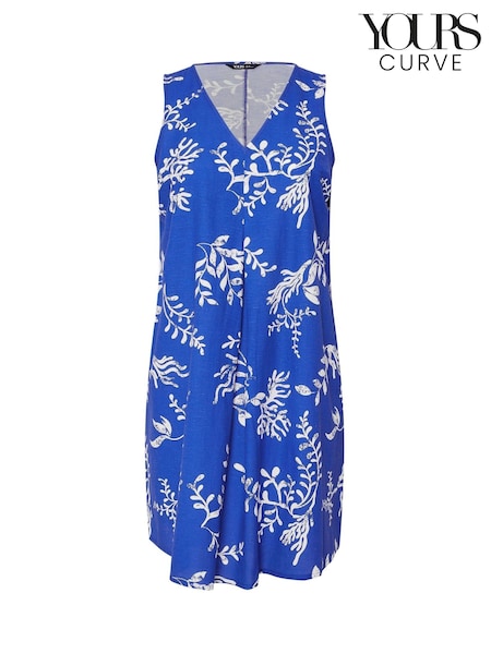 Yours Curve Blue Linen Pleated Front Swing Dress (H41706) | £29