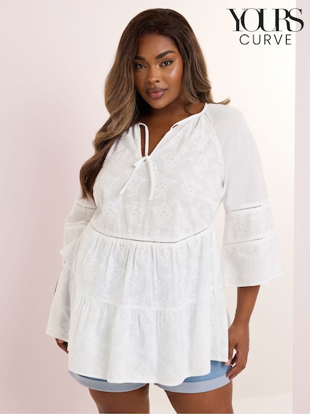 Yours Curve White Embroidered Smock Boho 100% Cotton Blouse (H41710) | £39