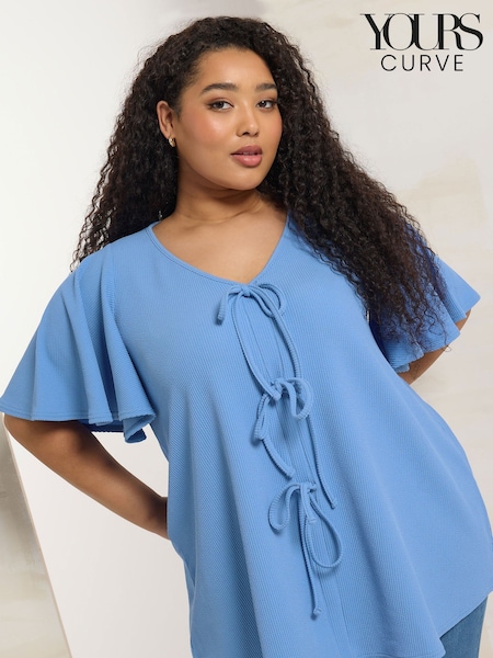 Yours Curve Blue Bow Front Angel Sleeve Blouse (H41718) | £24