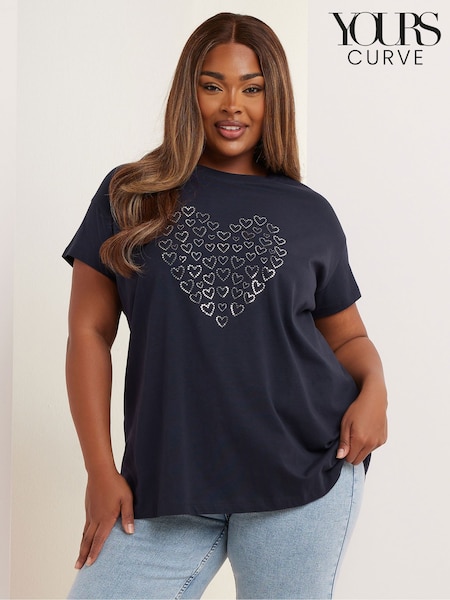 Yours Curve Blue Foil Heart Placement 100% Cotton T-Shirt (H41721) | £0