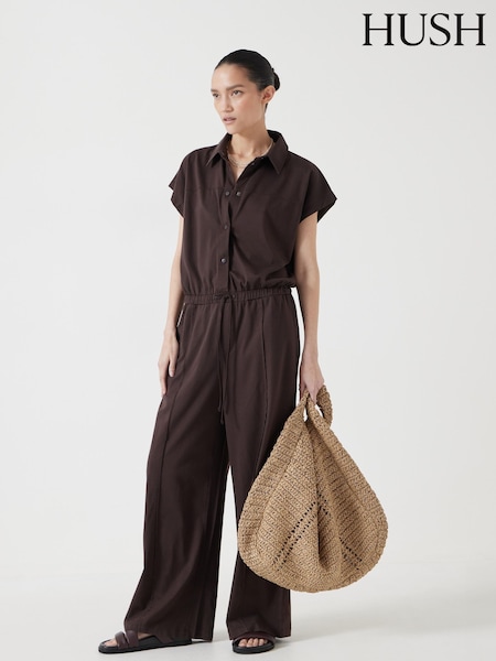Hush Brown Short Sleeve Wide Leg Jersey Jumpsuit (H41754) | £110