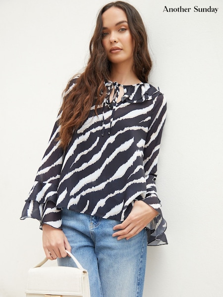 Another Sunday Animal Frill Sleeve Notch Neck Tie Detail Blouse (H41857) | £35