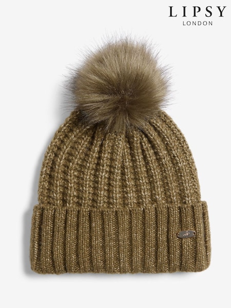 Lipsy Olive Green Shimmer Ribbed Pom Hat (H41986) | £12