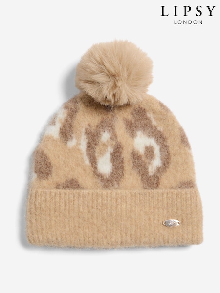 Lipsy Light Leopard Print Brushed Pom Hat (H41987) | £14