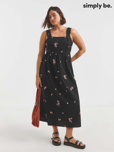 Simply Be Black 100% Cotton Embroidered Apron Dress With Ric Rac Detailing (H42064) | £59