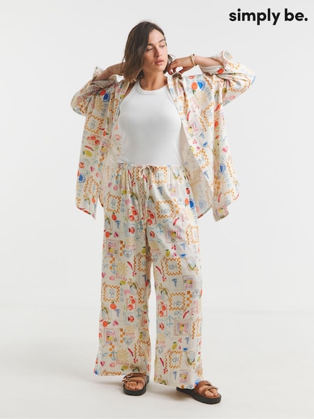 Simply Be Cream Wide Fit Tie Waist Wide Leg Trousers (H42066) | £34