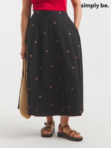 Simply Be Black Embroidered 100% Cotton Poplin Full Midaxi Skirt (H42076) | £38
