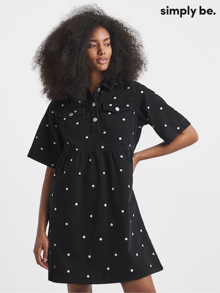 Simply Be Black Mono Embroidered Spot Denim Mini Dress (H42086) | £50