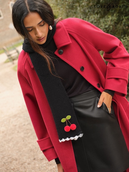 Love & Roses Black Scallop Trim Ribbed Scarf (H42117) | £22