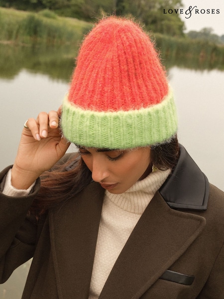 Love & Roses Orange and Lime Green Colourblock Knitted Beanie (H42124) | £12