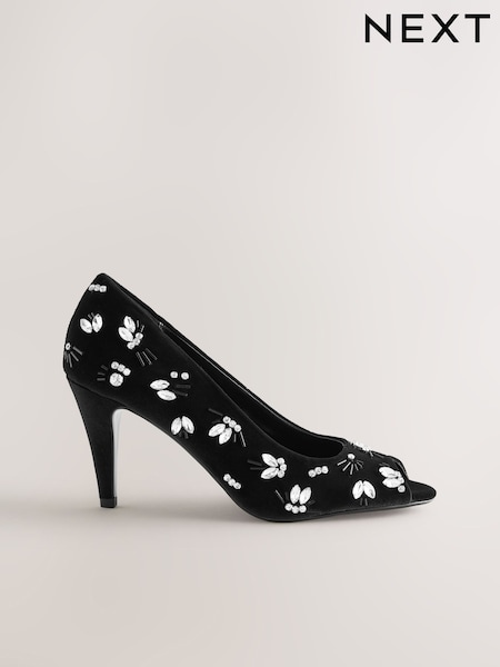 Black Velvet Forever Comfort Velvet Embellished Peep Toe Heels (H42196) | £55