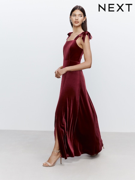 Burgundy Red Bridesmaid Bow Shoulder Velvet Maxi Dress (H42450) | £70