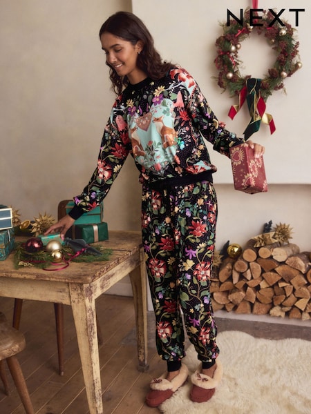 Charcoal Grey Floral Print Cosy Long Sleeve Arctic Fox Pyjamas (H42495) | £26
