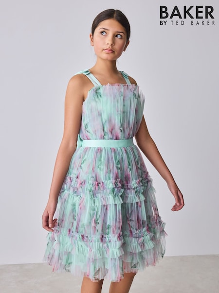 Baker by Ted Baker Green Crinke Mesh Tiered Bow Back Dress (H42568) | £60 - £65