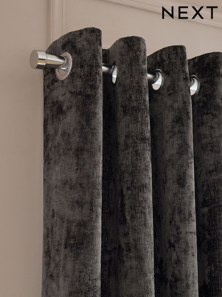 Charcoal Grey Plush Chenille Lined Eyelet Curtains (H42639) | £60 - £160