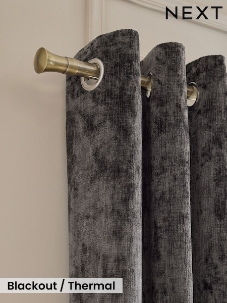 Charcoal Grey Plush Chenille Blackout/Thermal Eyelet Curtains (H42640) | £70 - £150