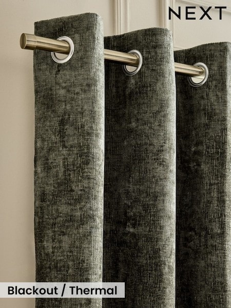 Green Plush Chenille Blackout/Thermal Eyelet Curtains (H42654) | £70 - £150