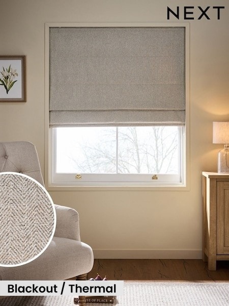 Natural Ready Made Blackout Thermal Brushed Herringbone Roman Blind (H42683) | £50 - £110