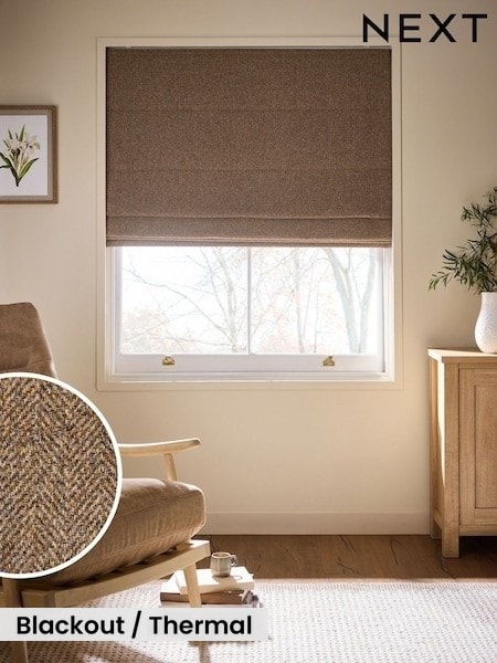 Tan Brown Ready Made Blackout Thermal Brushed Herringbone Roman Blind (H42684) | £50 - £110