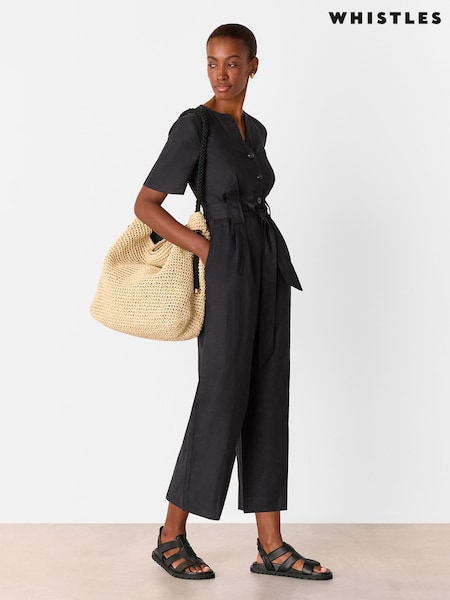 Whistles Black Fiona 100% Linen Button Jumpsuit (H42725) | £149