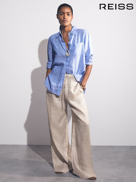 Reiss Neutral Willow Petite Linen-Blend Wide-Leg Trousers (H42759) | £130