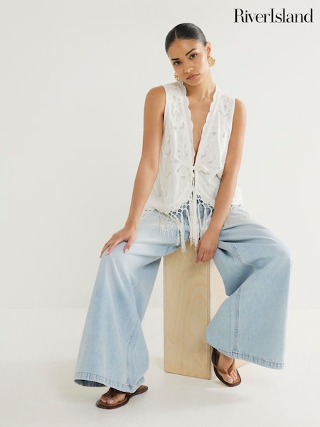 River Island Blue Petite 100% Cotton Low Rrise Baggy Jeans (H42802) | £54