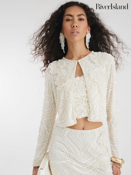 River Island Cream Premium Pearl Embellished Jacket (H42818) | £135