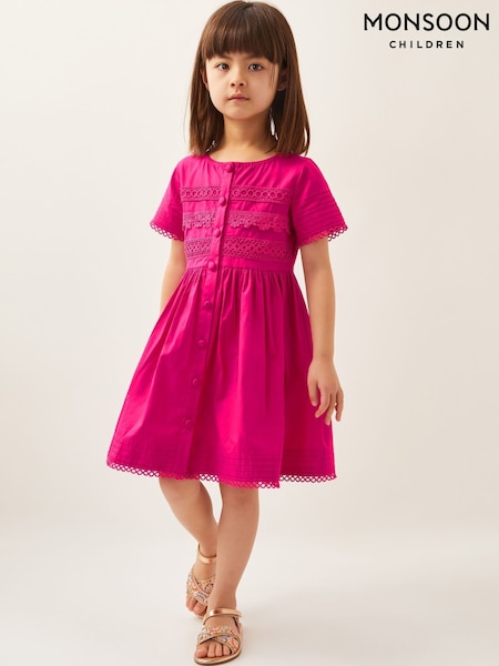Monsoon Pink 100% Cotton Embroidered Short Sleeve Dress (H42854) | £25 - £29