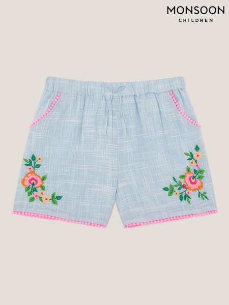 Monsoon Blue Floral Embroidered Slub Shorts (H42858) | £20 - £24