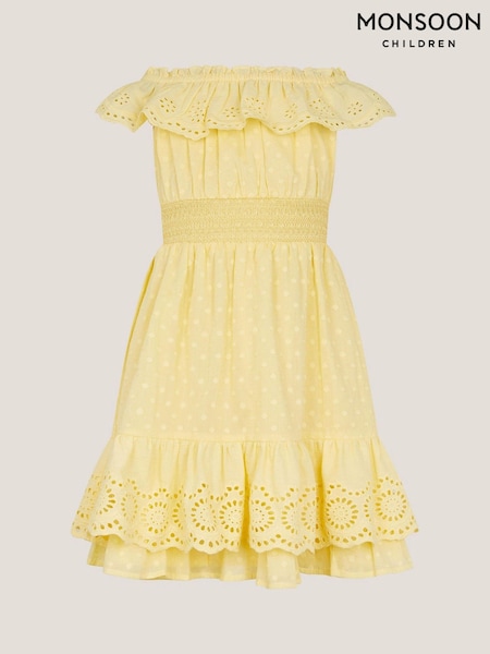 Monsoon Yellow 100% Cotton Broderie Bardot Dress (H42862) | £30 - £35