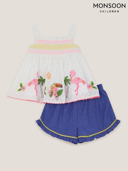 Monsoon Natural Baby Flamingo 100% Cotton Top & Shorts Set (H42863) | £28 - £30