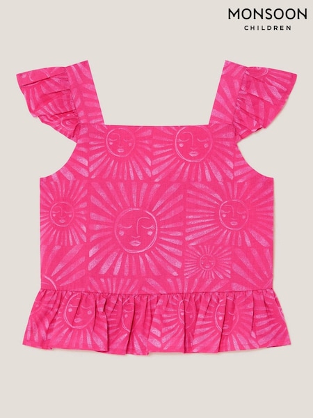 Monsoon Pink 100% Cotton Sun Print Frilly Top (H42869) | £16 - £20