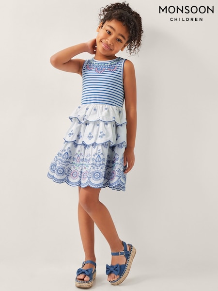 Monsoon Blue 100% Cotton Broderie Stripe Tiered Dress (H42872) | £36 - £41