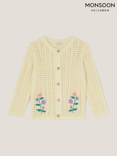 Monsoon Natural 100% Cotton Floral Embroidered Crochet Cardigan (H42873) | £30 - £34